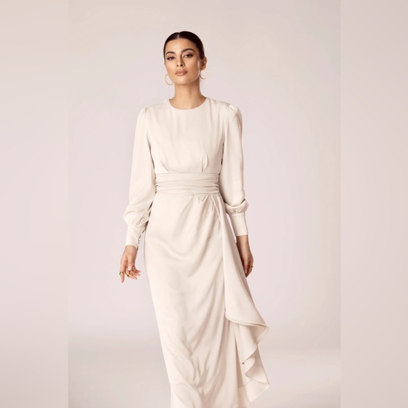 Veiled Collection Anabelle Pleated Waist Ruffle Maxi Dress in Sand Dollar - Picture 1 of 4